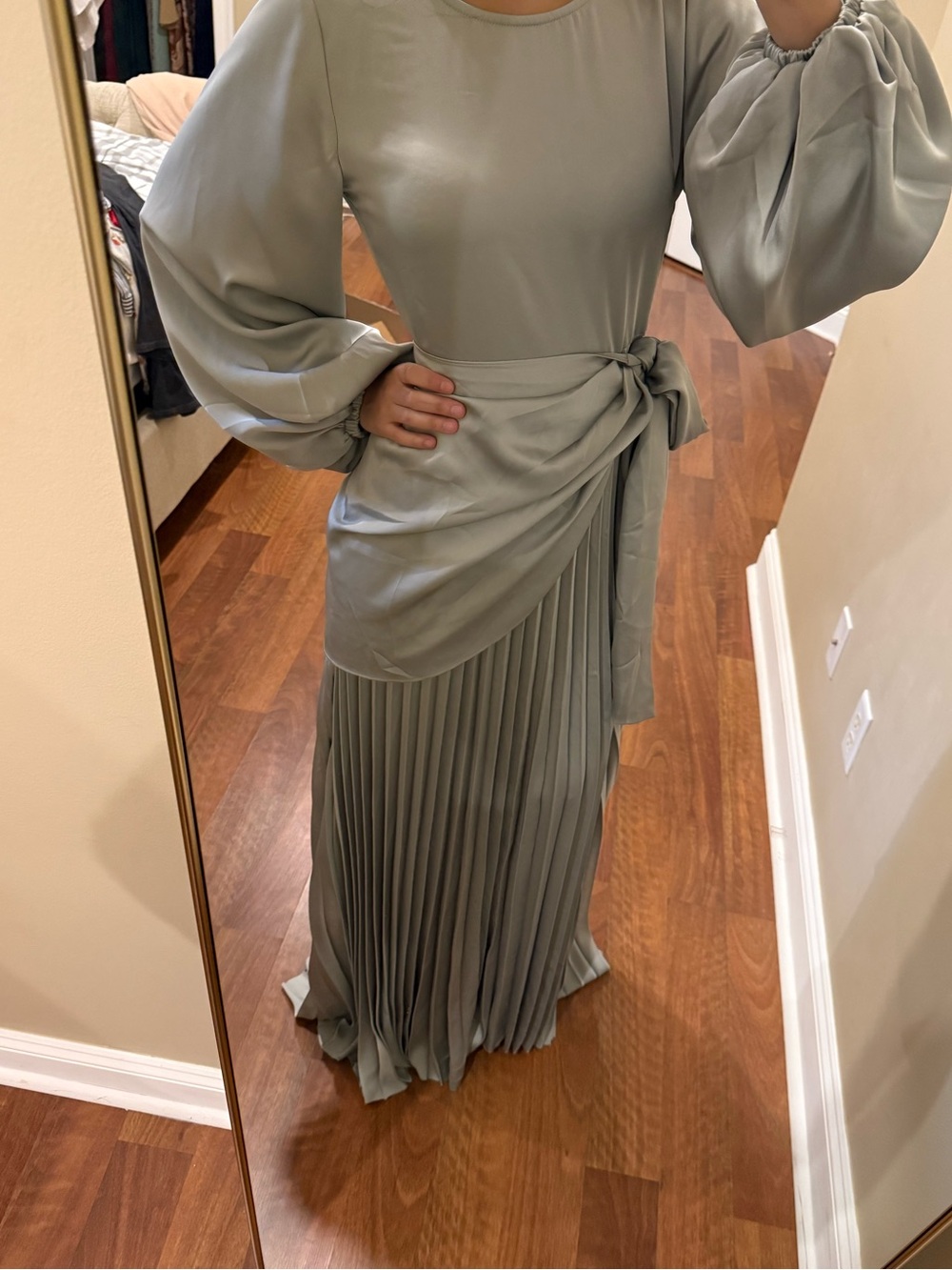 Sage Green Long Sleeve Pleated Waist-Tie Dress - Picture 2 of 4